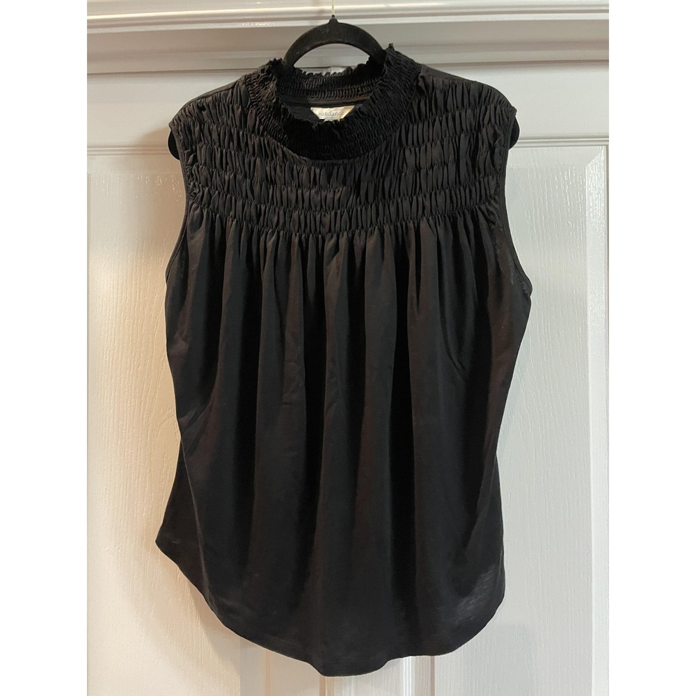 Sundance Blouse Womens L Black Smocked Mock Neck Sleeveless Jersey Flowy Top